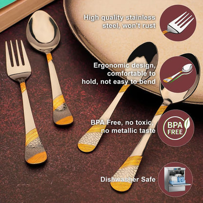 24 Pcs Premium Stainless Steel 24K Golden Cutlery Set - 6 Table Spoons, 6 Forks, 6 Dinner & Tea Spoons, Gift Box