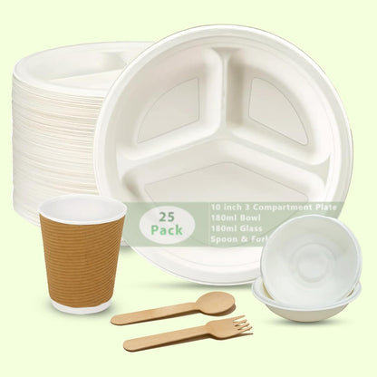 25pc Bagasse Dinnerware Set | 3-Compartment Plates & Bowls3CPPTDNRSET251 1