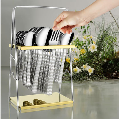 25-Piece Arrow Design Premium Stainless Steel Cutlery Set with Stand – Forks, Spoons & Tea Spoons for Stylish Dining Table
