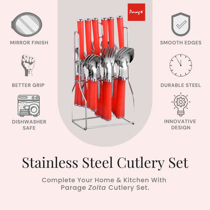 25 Pcs Stainless Steel Cutlery Set with Stand for Kitchen & Dining | Red ZOLTAPARAGR 3