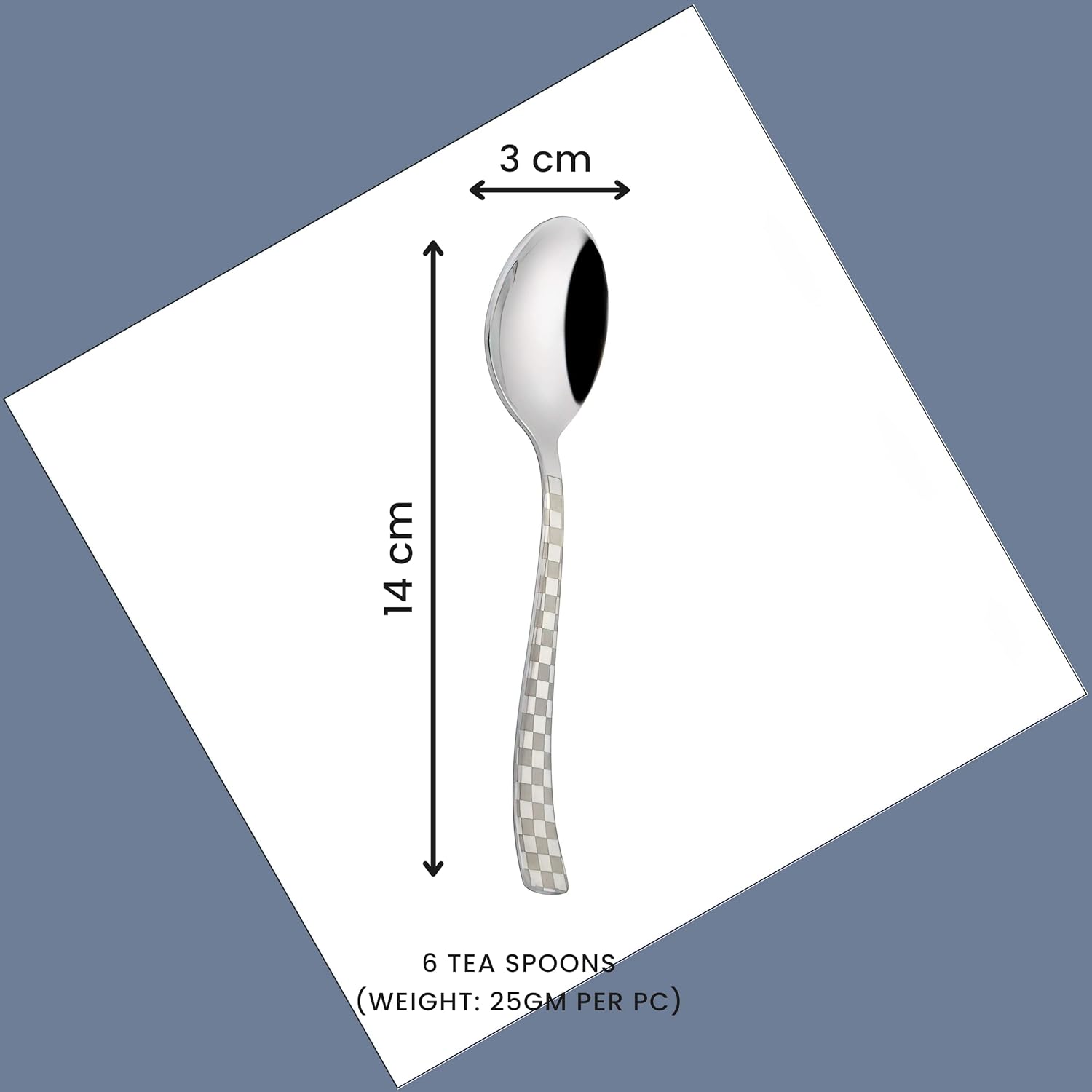 6 Pieces Stainless Steel Premium Tea Spoon Set, 14 cm, Silver, Checks Design