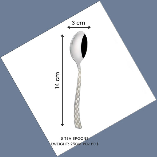 6 Pieces Stainless Steel Premium Tea Spoon Set, 14 cm, Silver, Checks Design
