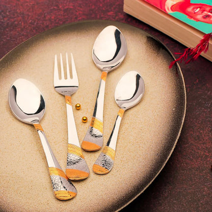 24 Pcs Premium Stainless Steel 24K Golden Cutlery Set - 6 Table Spoons, 6 Forks, 6 Dinner & Tea Spoons, Gift Box