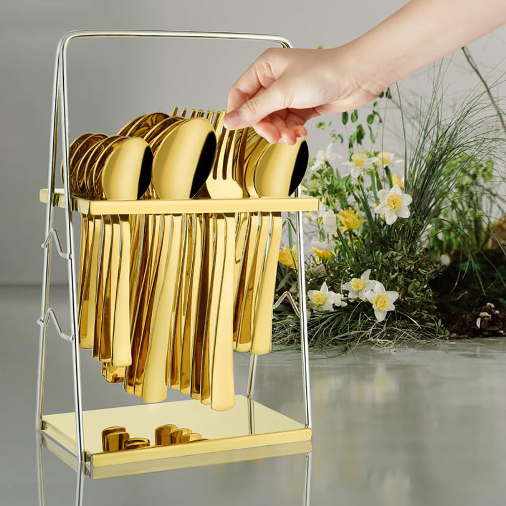 25-Piece PVD Gold Premium Stainless Steel Cutlery Set with Stand – Forks, Spoons & Tea Spoons for Elegant Dining Table