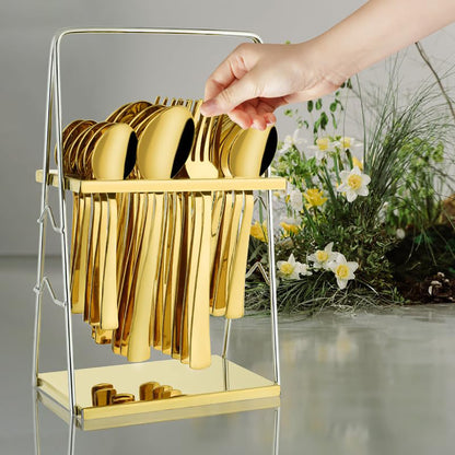 25-Piece PVD Gold Premium Stainless Steel Cutlery Set with Stand – Forks, Spoons & Tea Spoons for Elegant Dining Table