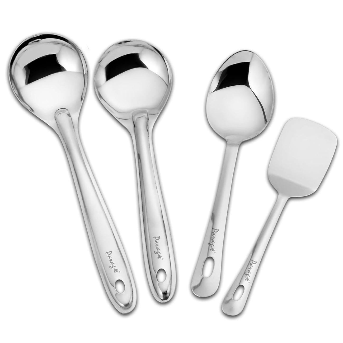 4-Piece Stainless Steel Kitchen Tools Set | Includes Serving Spoon, Turner, Basting Spoon, Rice Spoon, Silver Finish (26.5cm, 25cmx2, 23cm)