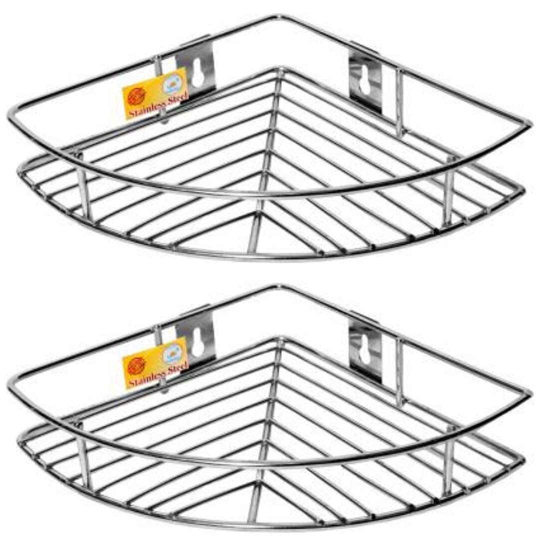 2-Piece Stainless Steel Multipurpose Corner Shelf Rack | Organizer for Kitchen & Bathroom, 23×23×5 cm, Chrome91corner21 1
