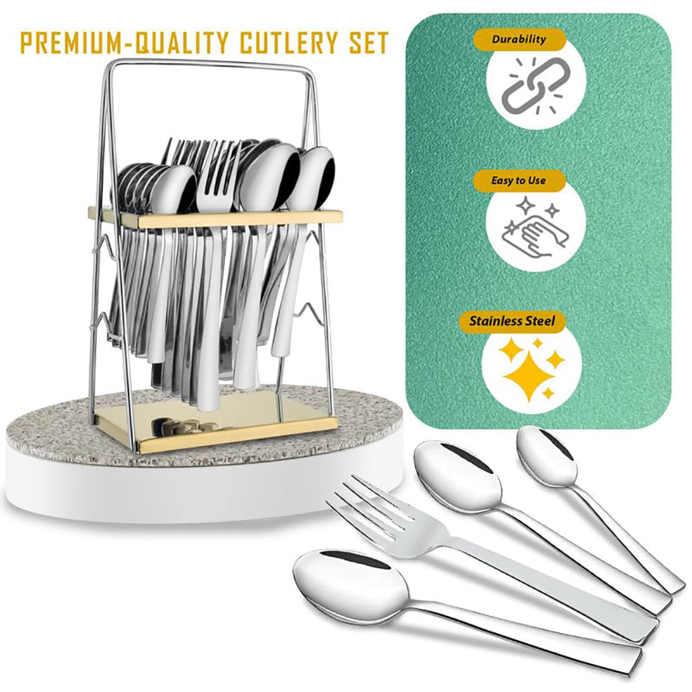 25-Piece Impress Design Premium Stainless Steel Cutlery Set with Stand – Forks, Spoons & Tea Spoons for Stylish Dining Table