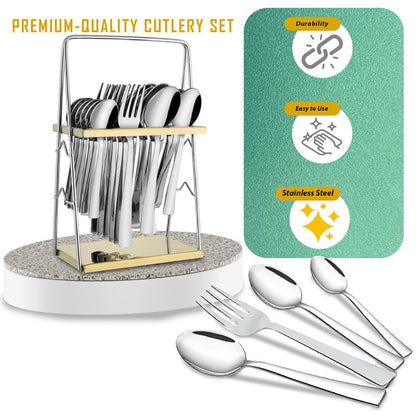 25-Piece Impress Design Premium Stainless Steel Cutlery Set with Stand – Forks, Spoons & Tea Spoons for Stylish Dining Table