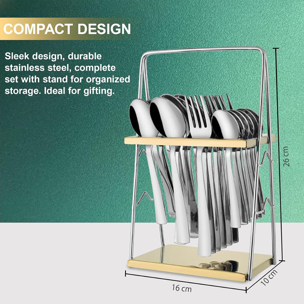 25-Piece Impress Design Premium Stainless Steel Cutlery Set with Stand – Forks, Spoons & Tea Spoons for Stylish Dining Table
