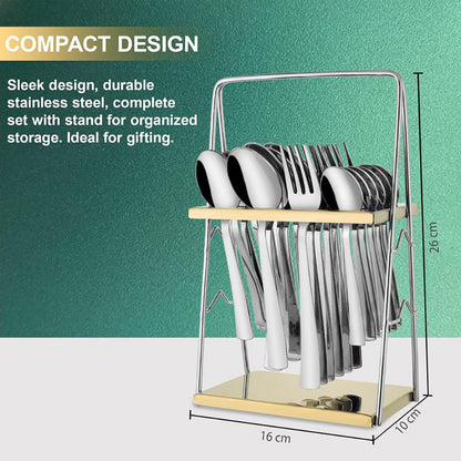 25-Piece Impress Design Premium Stainless Steel Cutlery Set with Stand – Forks, Spoons & Tea Spoons for Stylish Dining Table