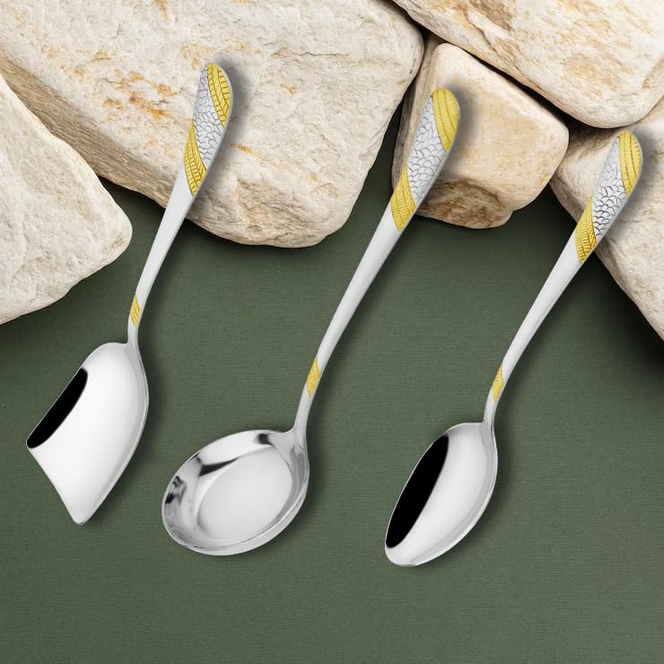 3-Piece Stainless Steel Gold Serving Spoon Set | Heavy Gauge 1.8mm, 1 Soup, 1 Solid & 1 Rice Spoon (24K Gold, Pack of 3) 3IMPERIALSSG 3