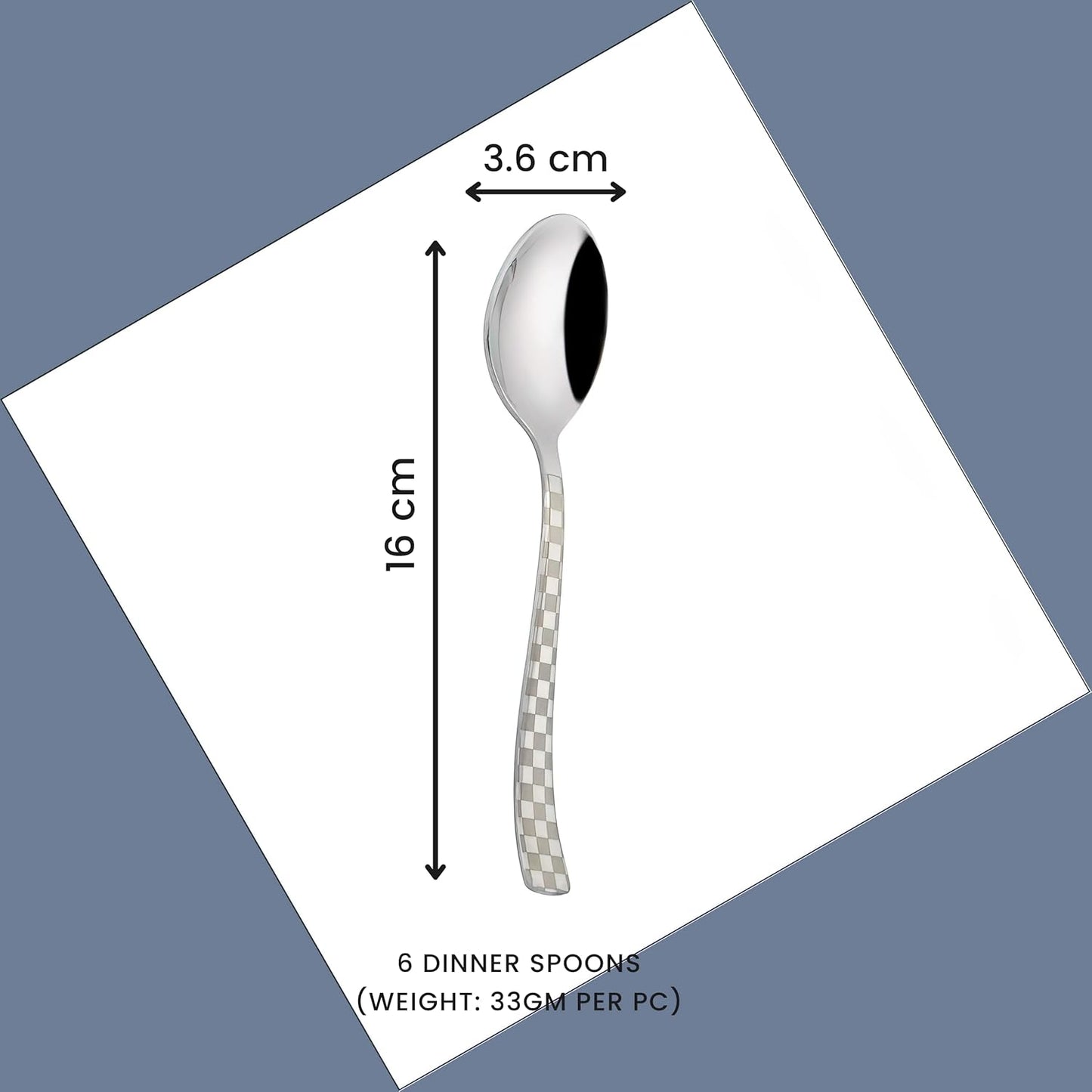 6 Pieces Stainless Steel Premium Dinner Spoon Set, 16 cm, Silver, Checks Design 6CHESSBS 2