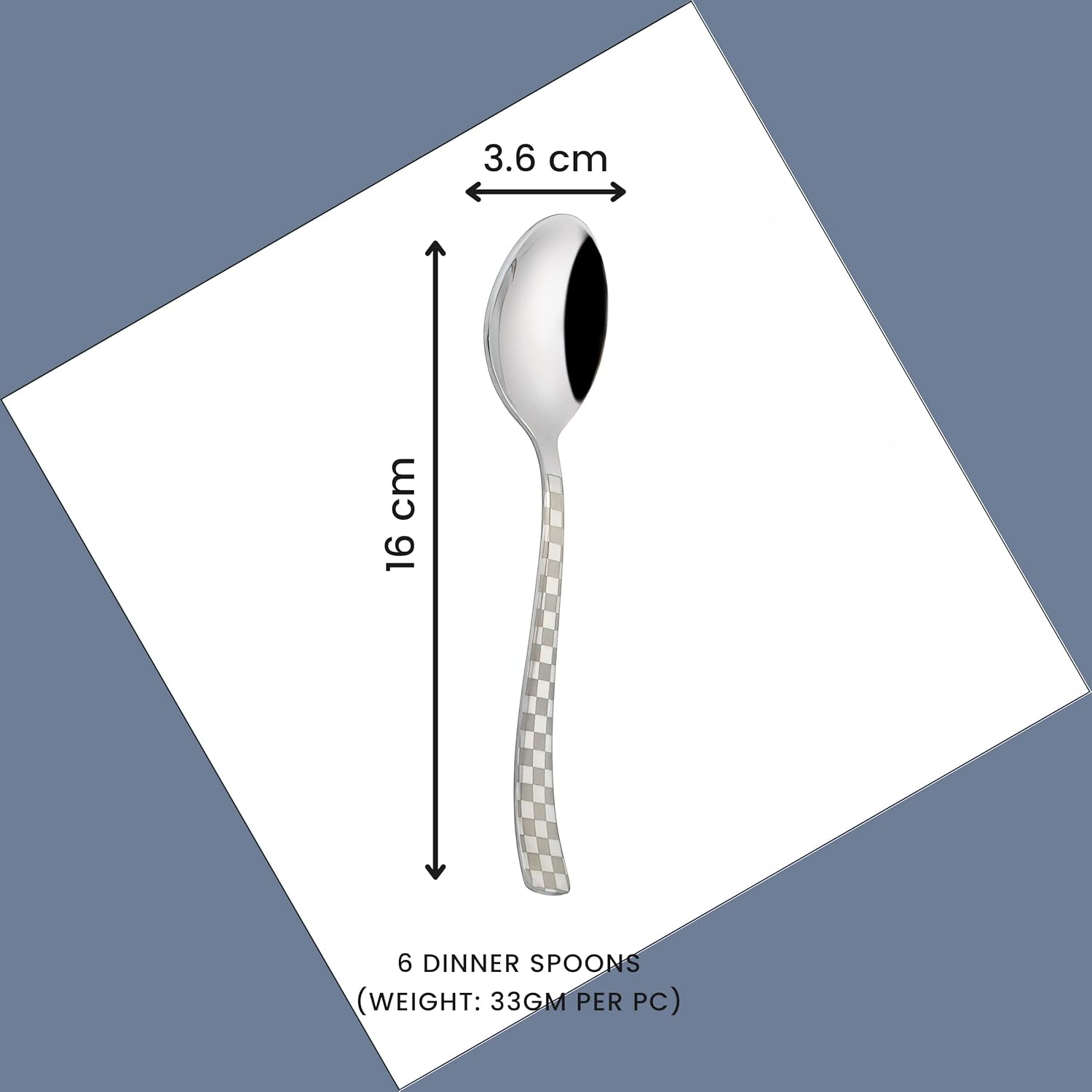 6 Pieces Stainless Steel Premium Dinner Spoon Set, 16 cm, Silver, Checks Design 6CHESSBS 2