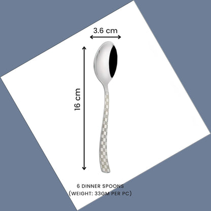 6 Pieces Stainless Steel Premium Dinner Spoon Set, 16 cm, Silver, Checks Design 6CHESSBS 2