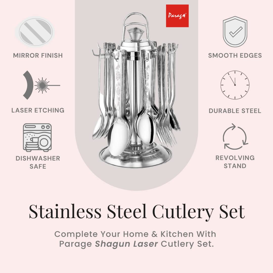 25 Pcs Stainless Steel Cutlery Set with Stand for Home & Kitchen | Silver Tableware SHAGUN1080PARAG 3