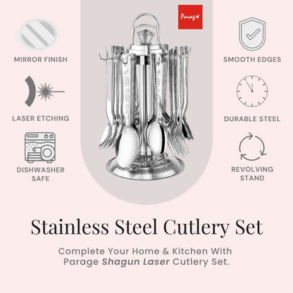 25 Pcs Stainless Steel Cutlery Set with Stand for Home & Kitchen | Silver Tableware SHAGUN1080PARAG 3