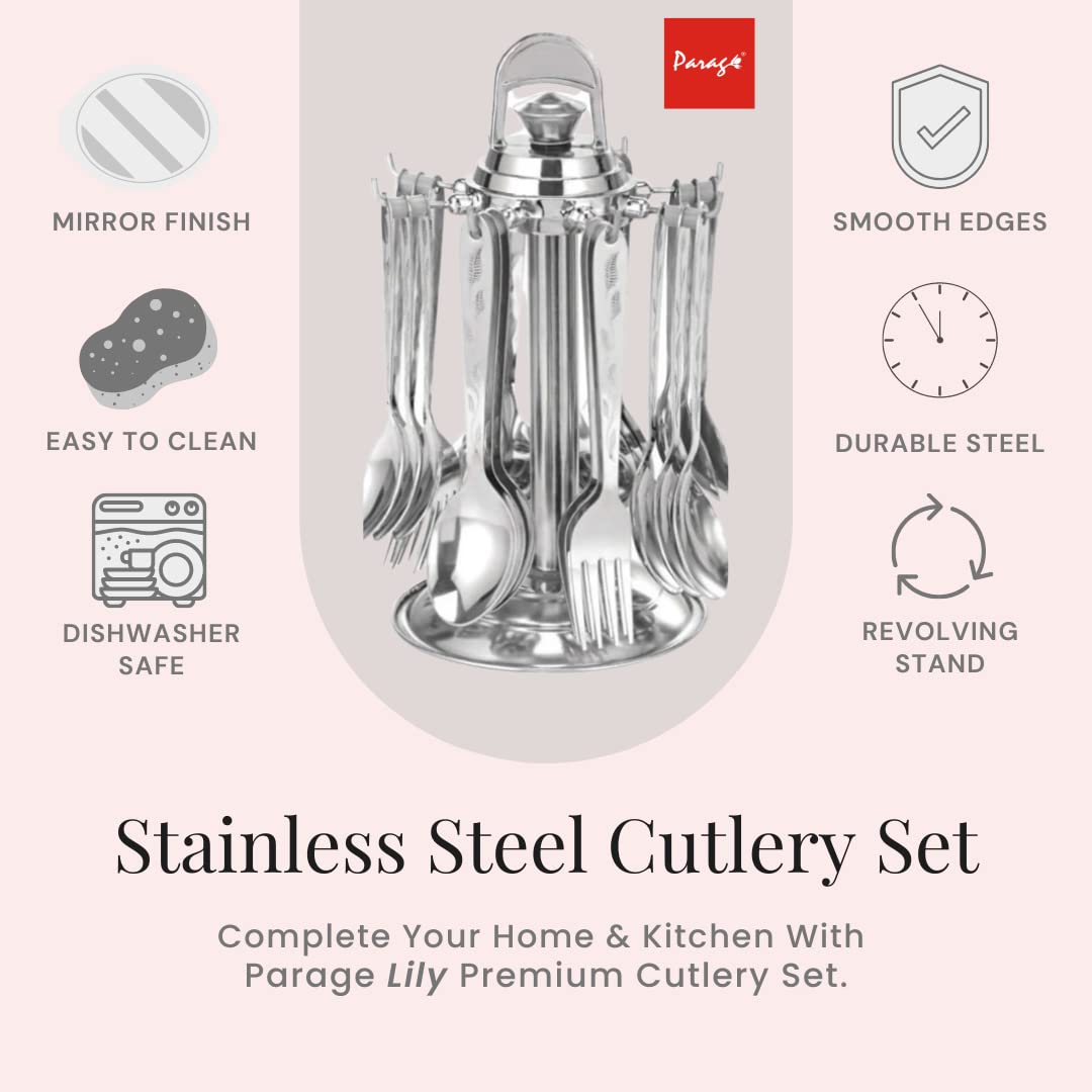24 Pcs Lily Stainless Steel Cutlery Set with Stand - 6 Dinner Spoons, 6 Tea Spoons, 6 Forks, 6 Soup SpoonsLILY1030PARAG1 2