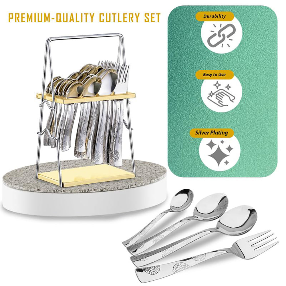 25-Piece Moonpress Premium Stainless Steel Cutlery Set with Stand – Forks, Spoons & Tea Spoons for Stylish Dining Table