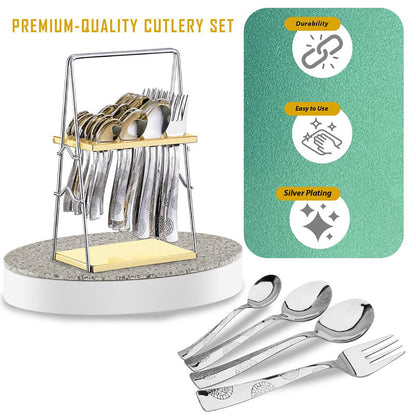 25-Piece Moonpress Premium Stainless Steel Cutlery Set with Stand – Forks, Spoons & Tea Spoons for Stylish Dining Table