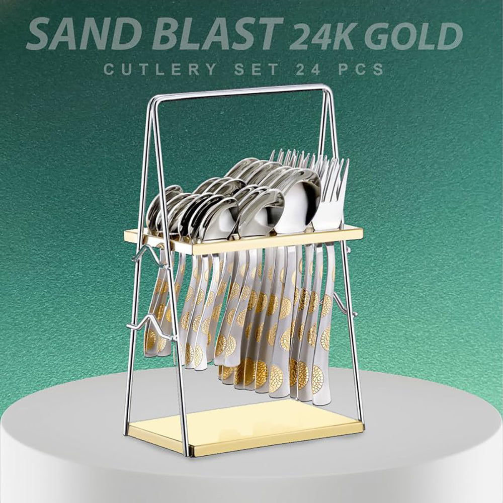 25 Pieces 24K Gold Moonpress Stainless Steel Cutlery Set - Table Spoons, Forks & Stand