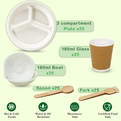 25pc Bagasse Dinnerware Set | 3-Compartment Plates & Bowls3CPPTDNRSET251 2