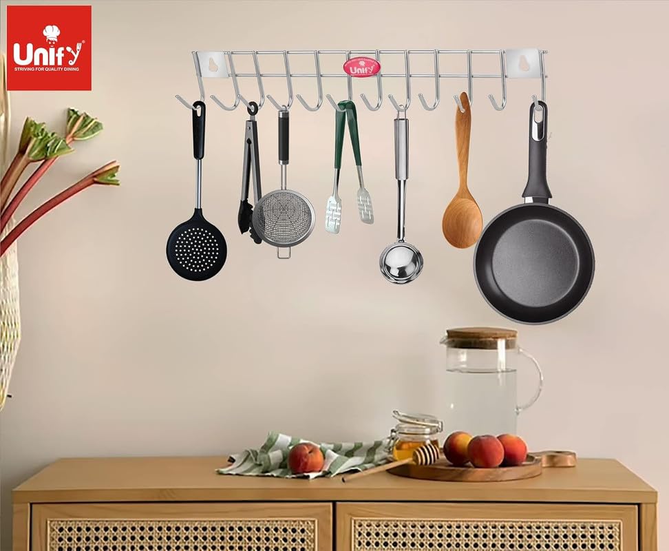 2-Piece Stainless Steel Wall Cloth Hanger with 12 Hooks | Bathroom & Kitchen (Silver) 12HOOKRAIL2 5