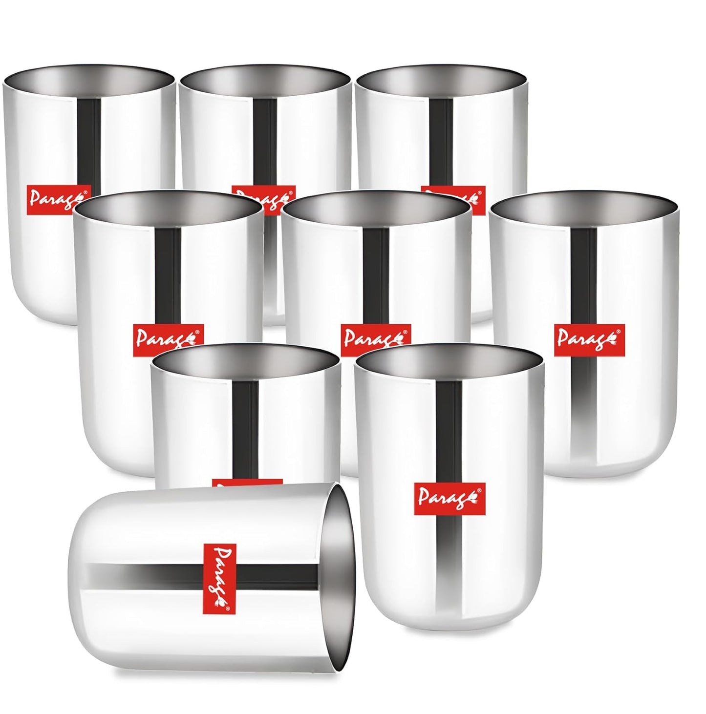 9 Pcs Stainless Steel Heavy Gauge Glass Set - 300ml Scratch Resistant Water & Juice Glasses, Silver9PCAPGLPL1 1
