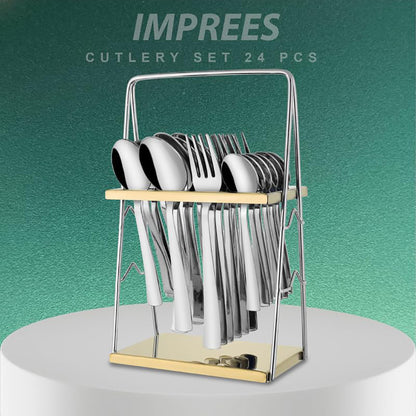 25-Piece Impress Design Premium Stainless Steel Cutlery Set with Stand – Forks, Spoons & Tea Spoons for Stylish Dining Table