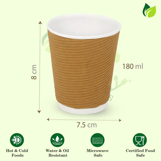 25 Ripple Paper Cups | 180ml Non-Slip | Coffee & Drinks