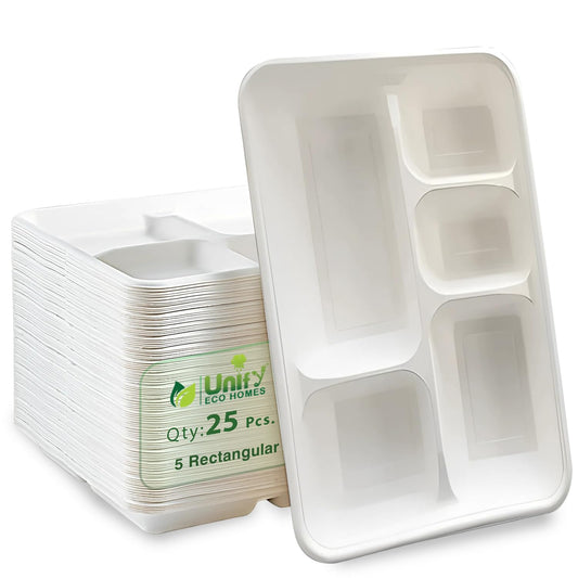 25pc 5-Compartment Bagasse Meal Trays | Eco-Friendly | White5CPBAGASSEPLATE251 1