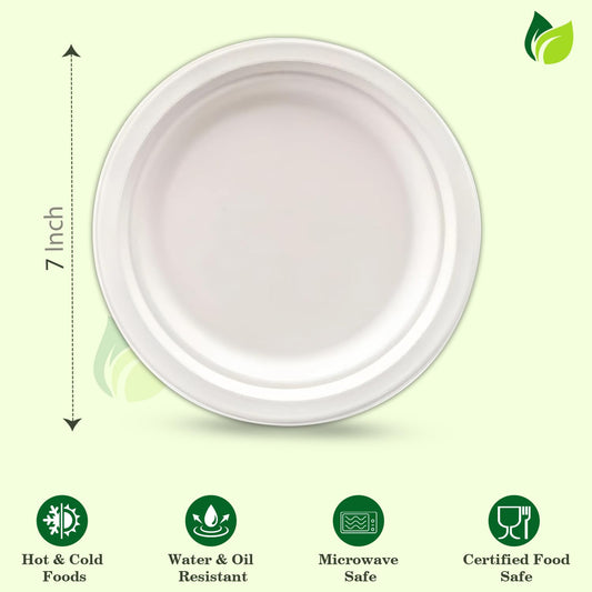 50pc Bagasse Plates | 7in Eco-Friendly Disposable | White