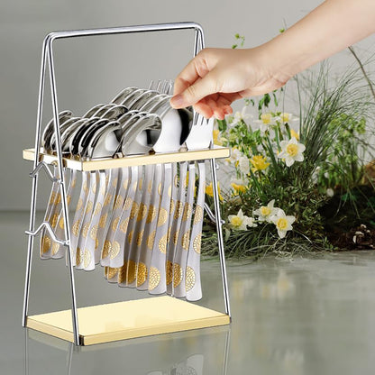 25 Pieces 24K Gold Moonpress Stainless Steel Cutlery Set - Table Spoons, Forks & Stand