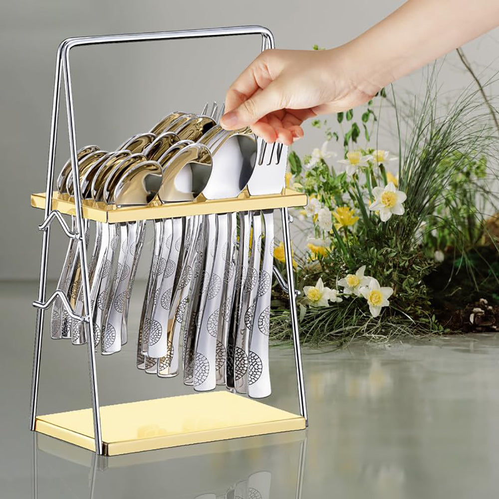 25-Piece Moonpress Premium Stainless Steel Cutlery Set with Stand – Forks, Spoons & Tea Spoons for Stylish Dining Table