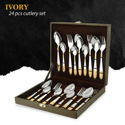 18pc Stainless Steel Golden Cutlery | Gift Box | Ivory Design