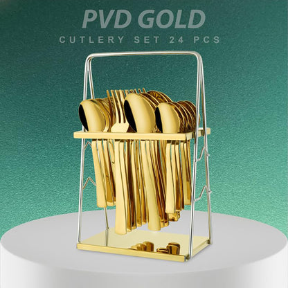 25-Piece PVD Gold Premium Stainless Steel Cutlery Set with Stand – Forks, Spoons & Tea Spoons for Elegant Dining Table