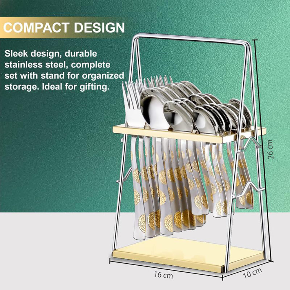 25 Pieces 24K Gold Moonpress Stainless Steel Cutlery Set - Table Spoons, Forks & Stand