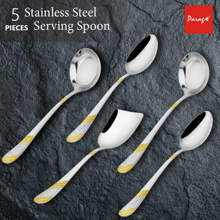 5-Piece Stainless Steel Gold Serving Spoon Set | Heavy Gauge 1.8mm, 2 Soup, 2 Solid & 1 Rice Spoon (24K Gold, Pack of 5) 5IMPERIALSSG 3