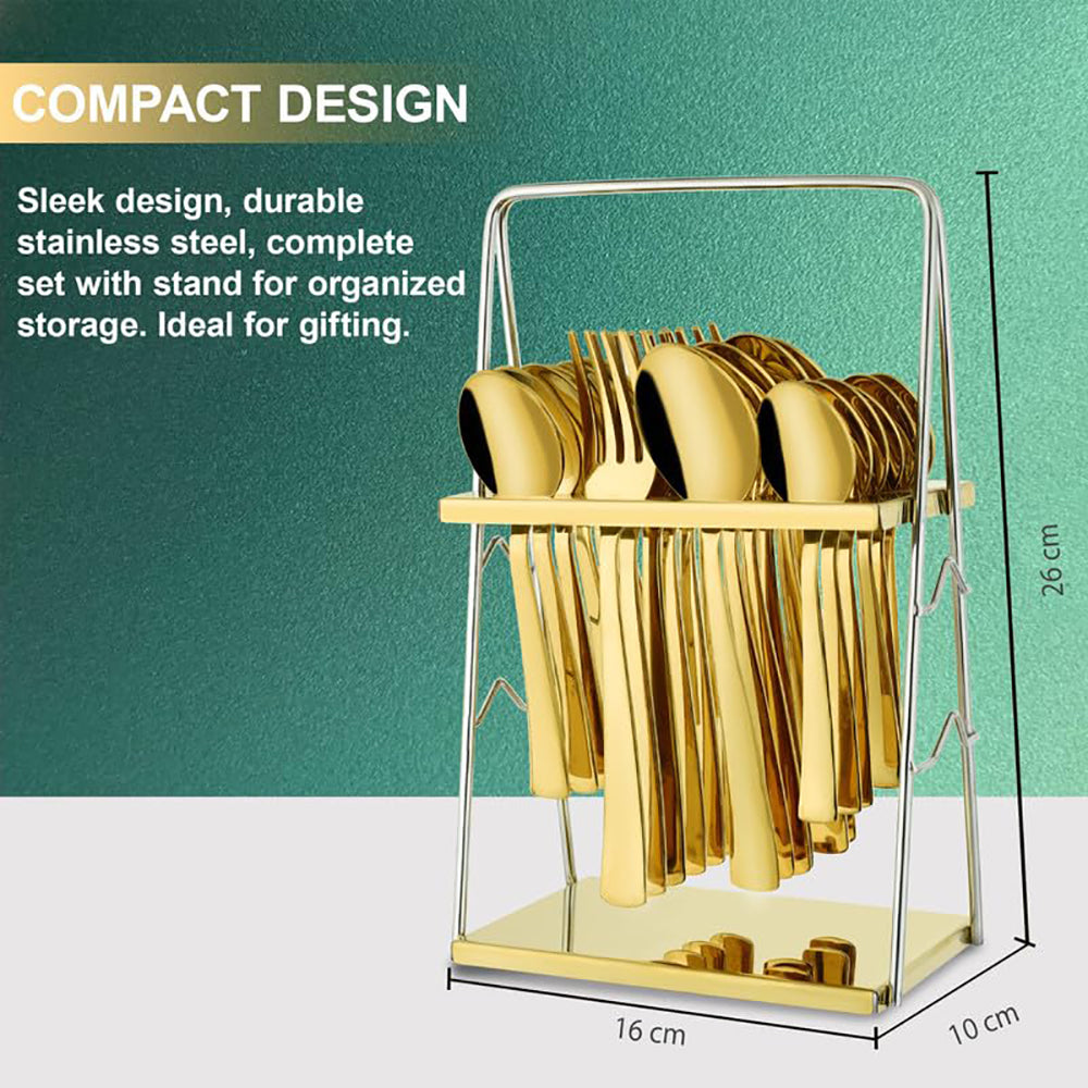 25-Piece PVD Gold Premium Stainless Steel Cutlery Set with Stand – Forks, Spoons & Tea Spoons for Elegant Dining Table