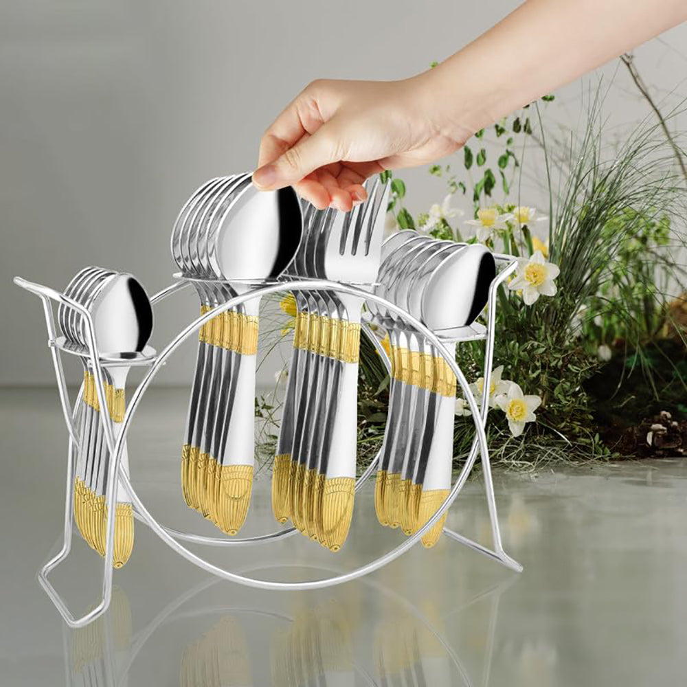 25-Piece Ivory Gold Stainless Steel Cutlery Set with Stand | 24K Gold Plated Spoons & Forks