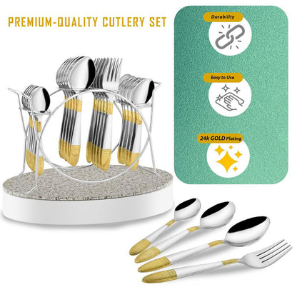 25-Piece Ivory Gold Stainless Steel Cutlery Set with Stand | 24K Gold Plated Spoons & Forks