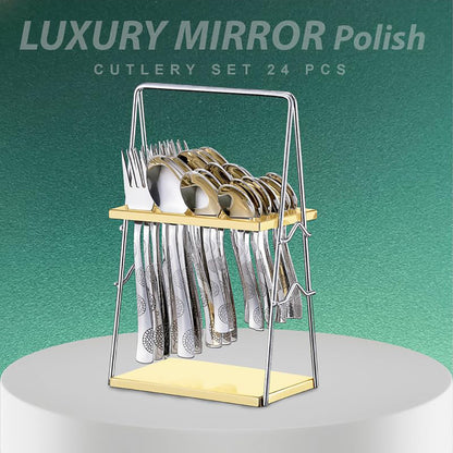 25-Piece Moonpress Premium Stainless Steel Cutlery Set with Stand – Forks, Spoons & Tea Spoons for Stylish Dining Table