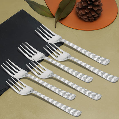 6-Piece Stainless Steel Baby Forks Set | 16cm Dining Cutlery with Checks Design - Shiny Sturdy Handle Tableware for Home & Kitchen