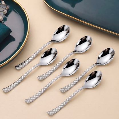 Tea Spoon Set | 14cm, 6 piece | Stainless Steel | Silver | Checks Design
