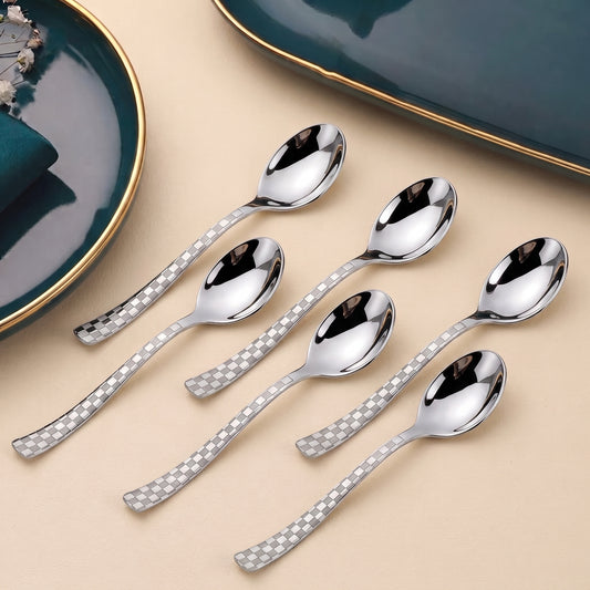 Tea Spoon Set | 14cm, 6 piece | Stainless Steel | Silver | Checks Design