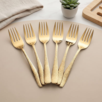 Parage Hammered Stainless PVD Gold Steel Dinner Fork Set of 6, 16.5 cm Length Table Forks with 1.7 mm Thickness Heavy Gauge Thickness, Mirror Finish Cutlery for Home Kitchen Dining