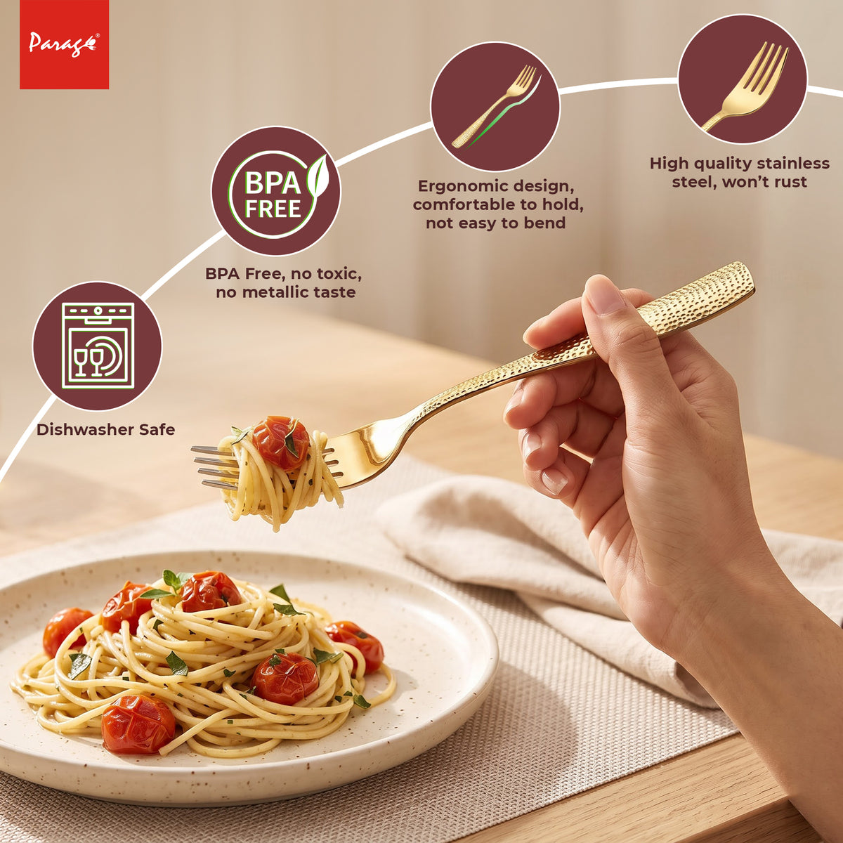 Parage Hammered Stainless PVD Gold Steel Dinner Fork Set of 6, 16.5 cm Length Table Forks with 1.7 mm Thickness Heavy Gauge Thickness, Mirror Finish Cutlery for Home Kitchen Dining