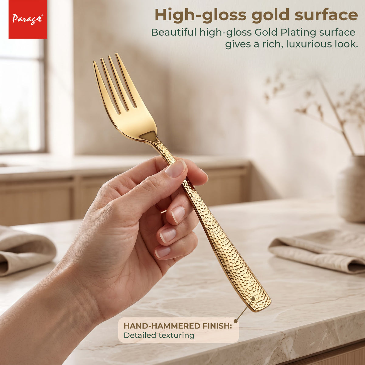Parage Hammered Stainless PVD Gold Steel Dinner Fork Set of 6, 16.5 cm Length Table Forks with 1.7 mm Thickness Heavy Gauge Thickness, Mirror Finish Cutlery for Home Kitchen Dining
