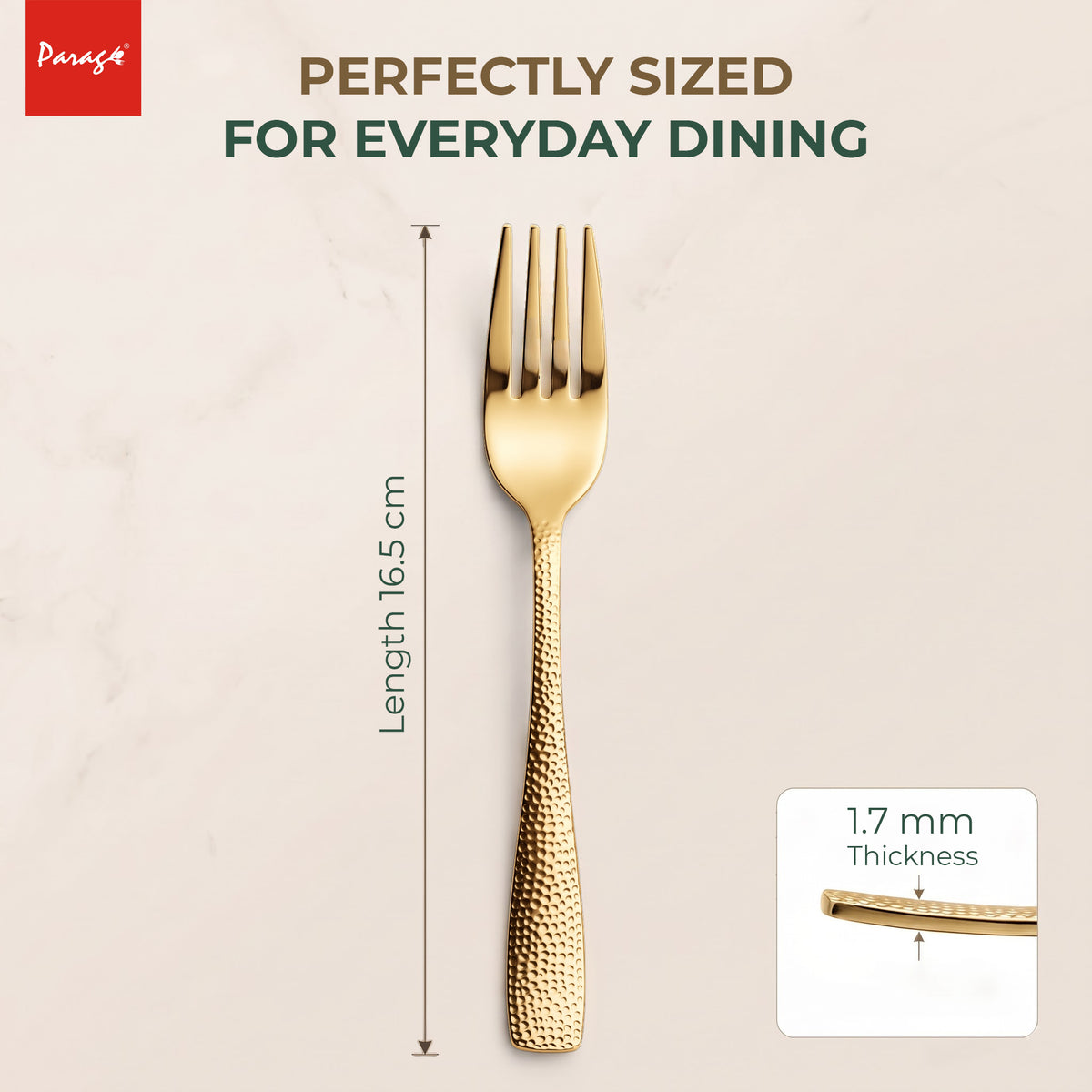 Parage Hammered Stainless PVD Gold Steel Dinner Fork Set of 6, 16.5 cm Length Table Forks with 1.7 mm Thickness Heavy Gauge Thickness, Mirror Finish Cutlery for Home Kitchen Dining