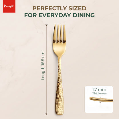 Parage Hammered Stainless PVD Gold Steel Dinner Fork Set of 6, 16.5 cm Length Table Forks with 1.7 mm Thickness Heavy Gauge Thickness, Mirror Finish Cutlery for Home Kitchen Dining